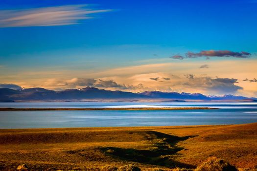 Snowcapped Andes and Lake Argentina near El calafate, Patagonia landscape, South America