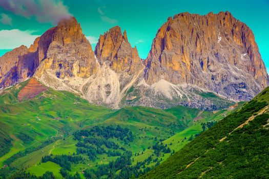 Langkofel, Sassolungo pinnacles, Dolomites sudtirol, Pordoi Pass near Cortina d Ampezzo, Italy