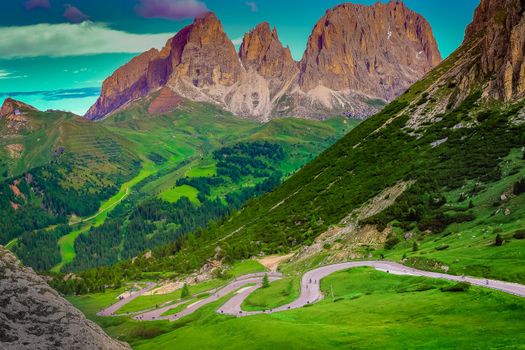 Langkofel, Sassolungo pinnacles, Dolomites sudtirol, Pordoi Pass near Cortina d Ampezzo, Italy