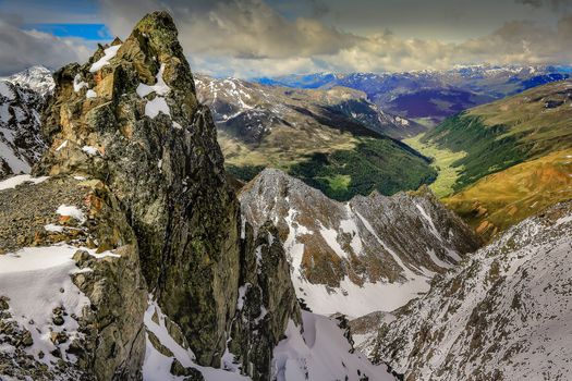 Snowcapped mountains in Kaunertal valley at springtime sunny day , Tyrol, Austria