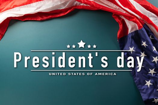 Above flag of United States American with copy space, Presidents Day, Top view USA flag for Memorial day on abstract blue background, Banner template design of presidents day concept