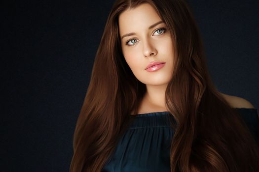 Beauty, makeup and skincare, face portrait of beautiful woman with long hairstyle on black background for luxury cosmetics, wellness or glamour fashion look