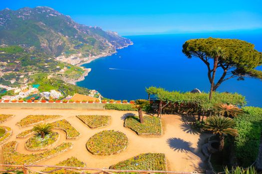 Turquoise Italian Amalfi Coast aerial panorama from Ravello terrace at sunny day, Italy