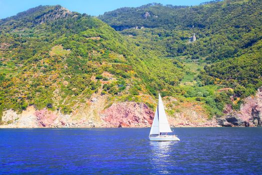 Sailing boat in italian riviera near Lerici , Cinque Terre, Liguria, Italy