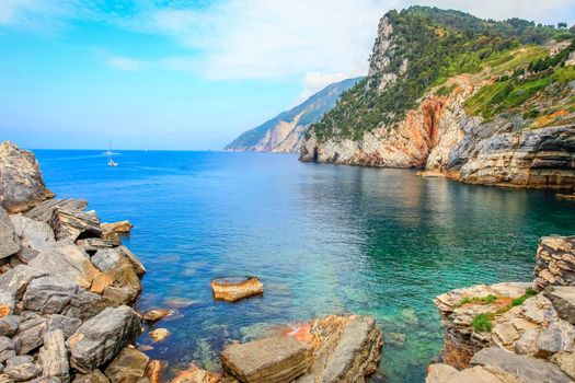 Grotte cave Byron at Portovenere bay of turquoise waters at sunny day, Cinque Terre, Italy