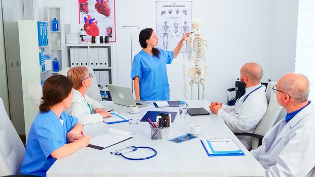 Nurse giving presentation in front of doctors team about human anatomy using skeleton. Clinic expert therapist talking with colleagues about disease, medicine professional.