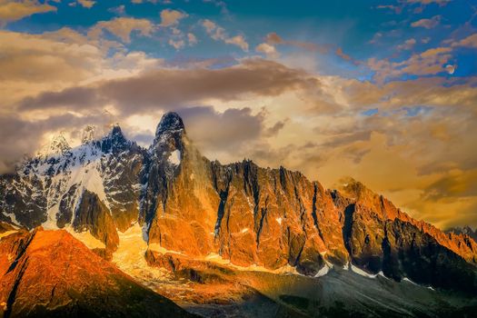 Mont Blanc massif idyllic alpine landscape at dramatic sunrise, Chamonix, French Alps