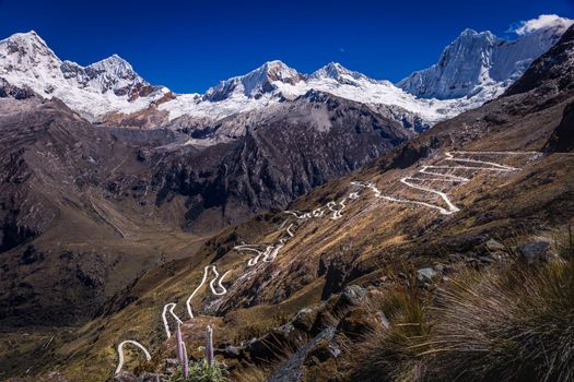 Portachuelo winding Road, mountain pass in Huascaran, Cordillera Blanca, snowcapped Andes, Ancash, Peru