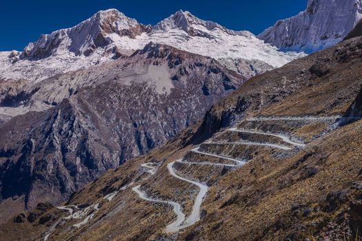 Portachuelo winding Road, mountain pass in Huascaran, Cordillera Blanca, snowcapped Andes, Ancash, Peru