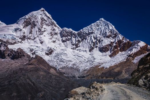 Portachuelo winding Road, mountain pass in Huascaran, Cordillera Blanca, snowcapped Andes, Ancash, Peru