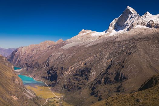 Turquoise Llanganuco lake in Cordillera Blanca at sunny day, snowcapped Andes, Ancash, Peru
