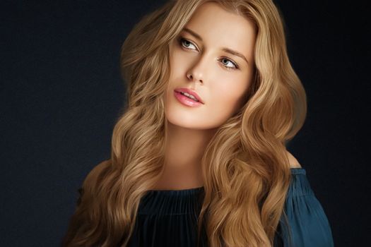 Beauty, makeup and skincare, face portrait of beautiful woman with long hairstyle on black background for luxury cosmetics, wellness or glamour fashion look