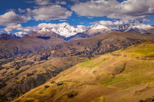 Cordillera Blanca panorama near Huaraz, snowcapped Peruvian Andes at sunny day, Ancash, Peru