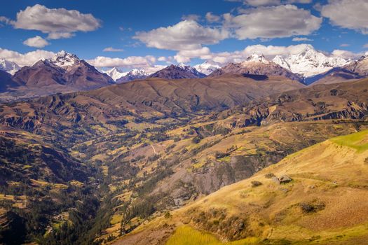 Cordillera Blanca panorama near Huaraz, snowcapped Peruvian Andes at sunny day, Ancash, Peru