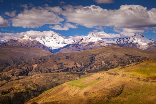 Cordillera Blanca panorama near Huaraz, snowcapped Peruvian Andes at sunny day, Ancash, Peru