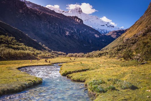 River and Huascaran Mountain massif in Cordillera Blanca, snowcapped Andes, Ancash, Peru, South America