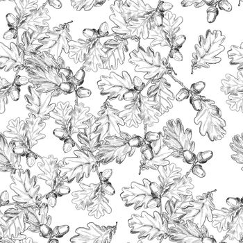 Oak branch with leaves and acorns outline seamless pattern