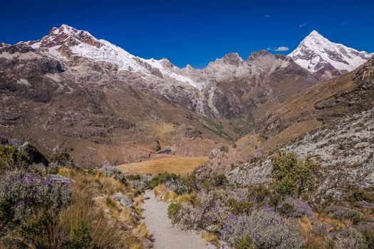 Trekking path, mountain pass in Huascaran, Cordillera Blanca, snowcapped Andes, Ancash Peru