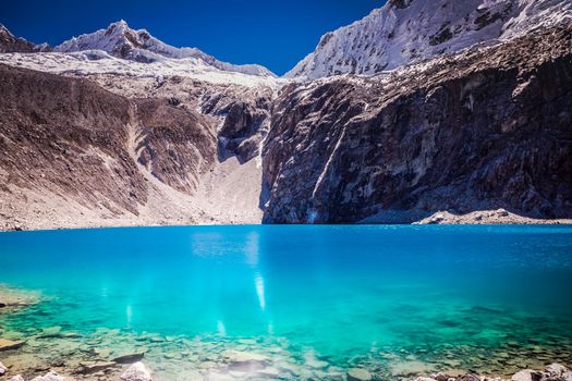 Idyllic laguna 69 in Cordillera Blanca, snowcapped Andes, Ancash, Peru