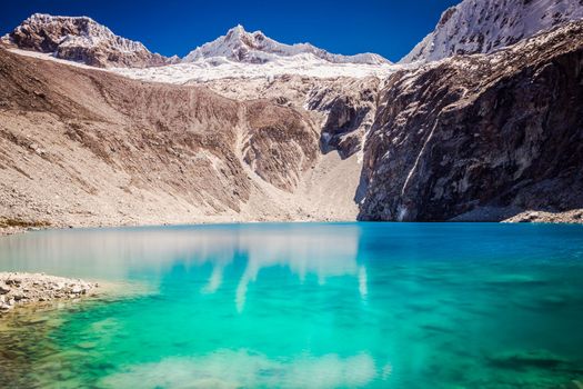 Idyllic laguna 69 in Cordillera Blanca, snowcapped Andes, Ancash, Peru