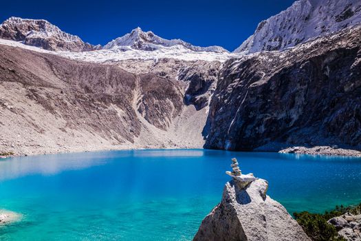 Idyllic laguna 69 in Cordillera Blanca, snowcapped Andes, Ancash, Peru