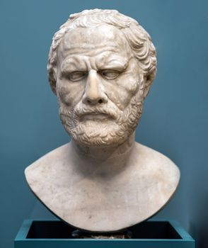 Berlin, Germany - 18 September 2019: Sculpture bust of Demosthenes in Berlin museum. Statue head at art exhibition in Germany