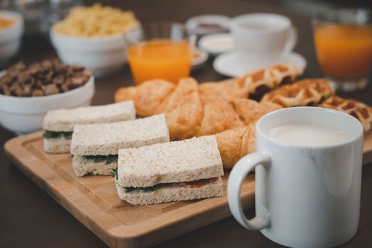 Fresh and bright continental breakfast healthy, Breakfast served food with beverage coffee, orange juice on table in the morning at home