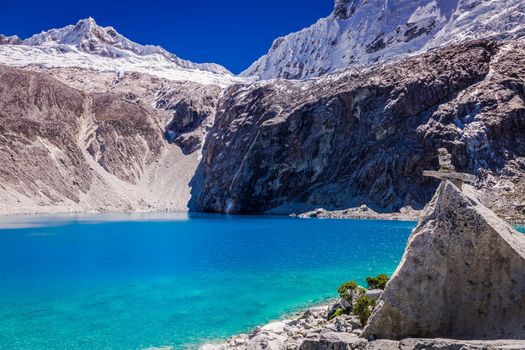 Idyllic laguna 69 in Cordillera Blanca, snowcapped Andes, Ancash, Peru