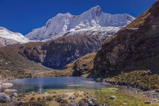 Turquoise laguna in Cordillera Blanca, snowcapped Andes, Ancash, Peru