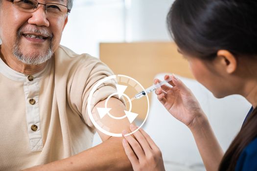 Asian elderly old man getting coronavirus vaccine with nurse, Doctor giving injection with syringe to senior man at clinic or hospital, medical and healthcare