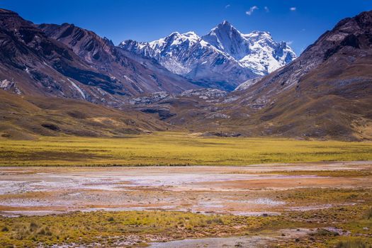 Turquoise laguna in Cordillera Blanca, snowcapped Andes, Ancash, Peru