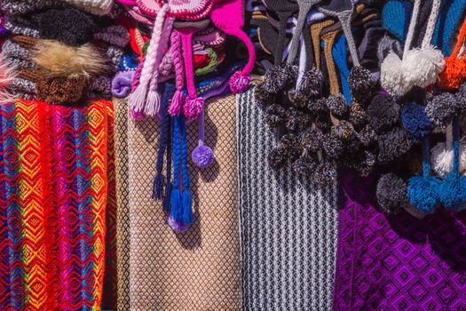 Peruvian Brightly Coloured Woven Andean Textiles in Cusco, Peru, South America