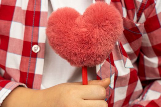 A cute boy is sitting on the couch in a white T-shirt and a plaid shirt and holding a fluffy toy in the shape of a heart. A manifestation of love. mothers Day. Father's Day. Thanksgiving day. valentine's day. close-up