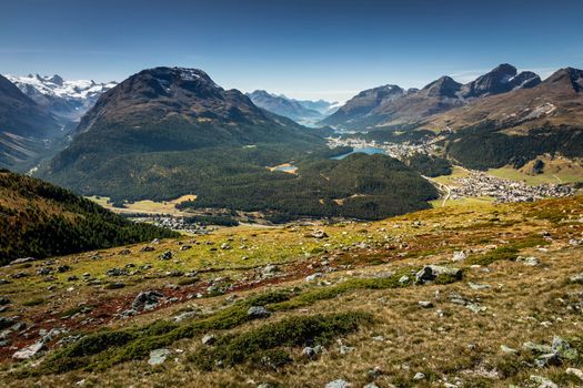 Panoramic view of St Moritz from Muottas Muragl of Upper Engadine, Graubunden, Switzerland