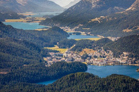 Panoramic view of St Moritz from Muottas Muragl of Upper Engadine, Graubunden, Switzerland