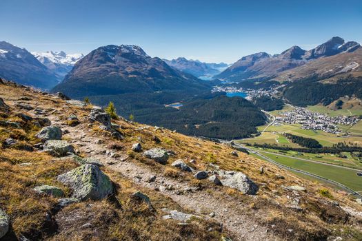 Panoramic view of St Moritz from Muottas Muragl of Upper Engadine, Graubunden, Switzerland