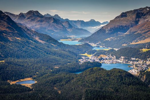 Panoramic view of St Moritz from Muottas Muragl of Upper Engadine, Graubunden, Switzerland