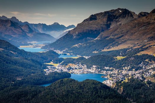 Panoramic view of St Moritz from Muottas Muragl of Upper Engadine, Graubunden, Switzerland