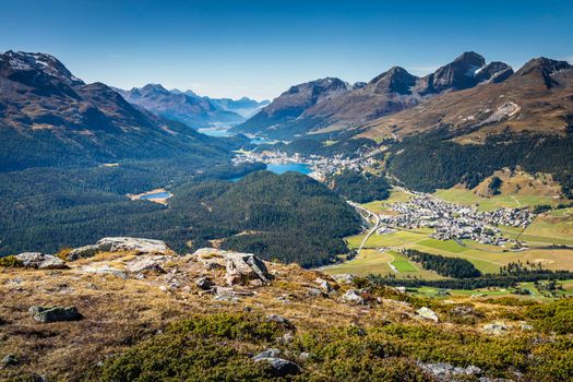 Panoramic view of St Moritz from Muottas Muragl of Upper Engadine, Graubunden, Switzerland