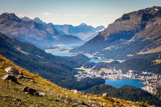 Panoramic view of St Moritz from Muottas Muragl of Upper Engadine, Graubunden, Switzerland