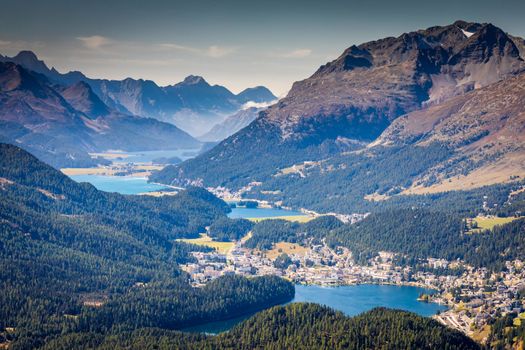 Panoramic view of St Moritz from Muottas Muragl of Upper Engadine, Graubunden, Switzerland