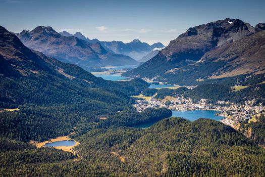 Panoramic view of St Moritz from Muottas Muragl of Upper Engadine, Graubunden, Switzerland
