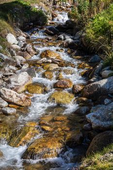 Alpine river in Fluela pass, Engadine Valley at sunrise, Graubunden alps, Grisons, Switzerland