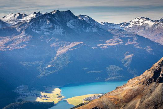 Panoramic view of St Moritz from Muottas Muragl of Upper Engadine, Graubunden, Switzerland