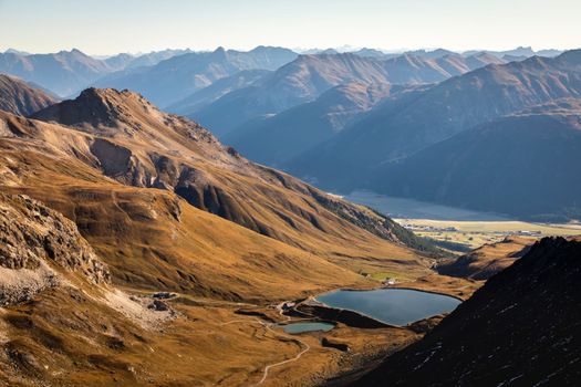 Bernina and Palu mountain range with lake in the Swiss Alps, Engadine, Switzerland