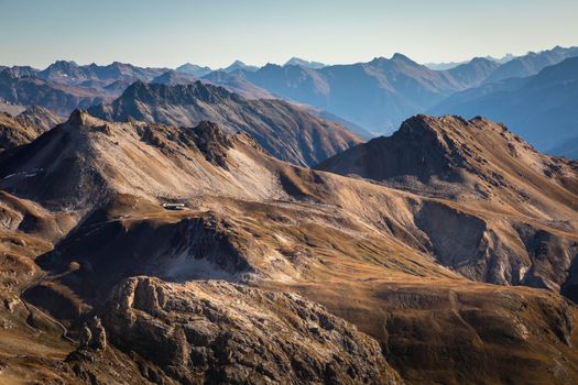 Panoramic view of Dramatic landscape, swiss alps in upper Engadine, Graubunden, Switzerland