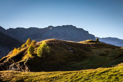 Panoramic view of Dramatic landscape, swiss alps in upper Engadine, Graubunden, Switzerland