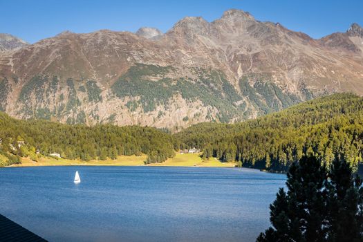 Sailing on St Moritz lake, view above Engadine alps, Graubunden , Switzerland