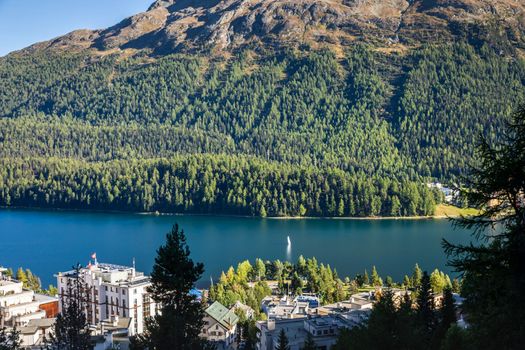 Sailing on St Moritz lake, view above Engadine alps, Graubunden , Switzerland