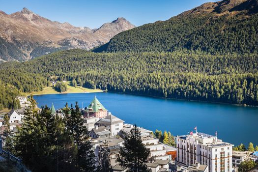 Sailing on St Moritz lake, view above Engadine alps, Graubunden , Switzerland